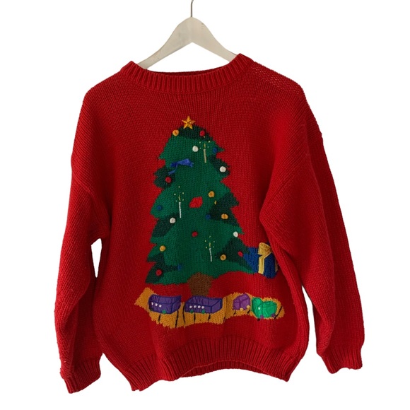 Vintage Sweaters - Vintage Casual Connection Red Green Acrylic Christmas Tree Knit Sweater Large
